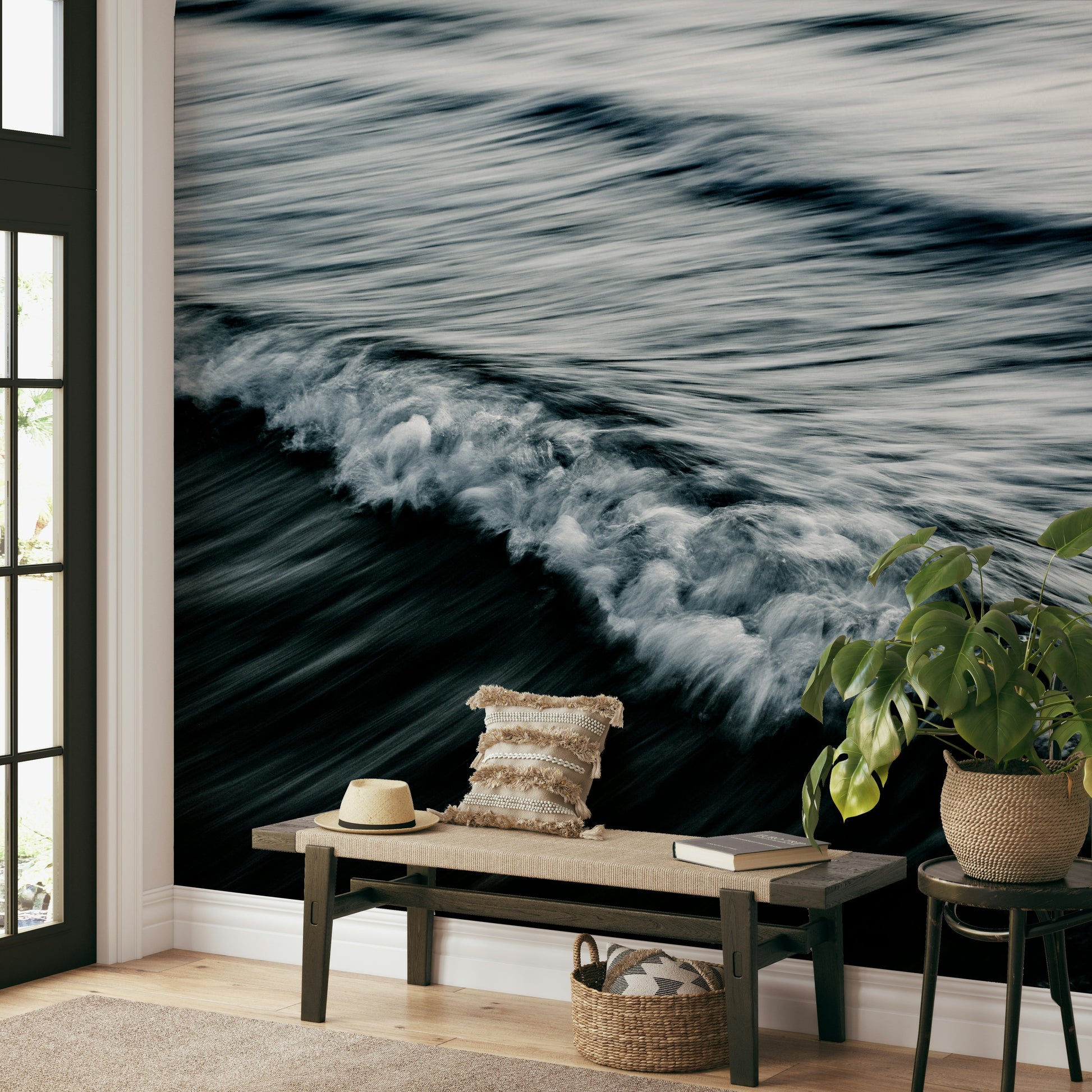 A beautiful abstract ocean wall mural for a living room.

