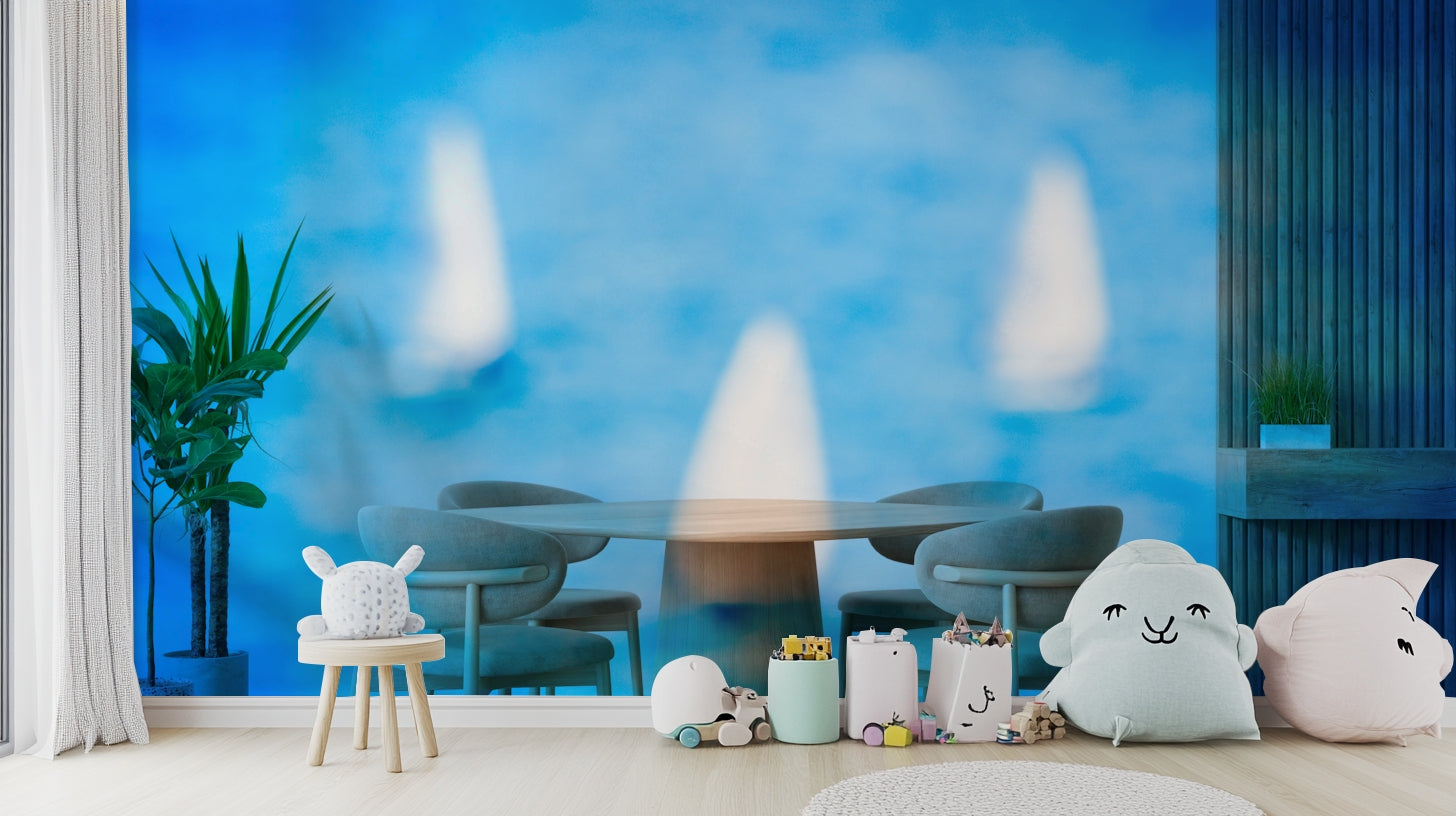 A graceful subtle boat wall mural in cool, natural tones.

