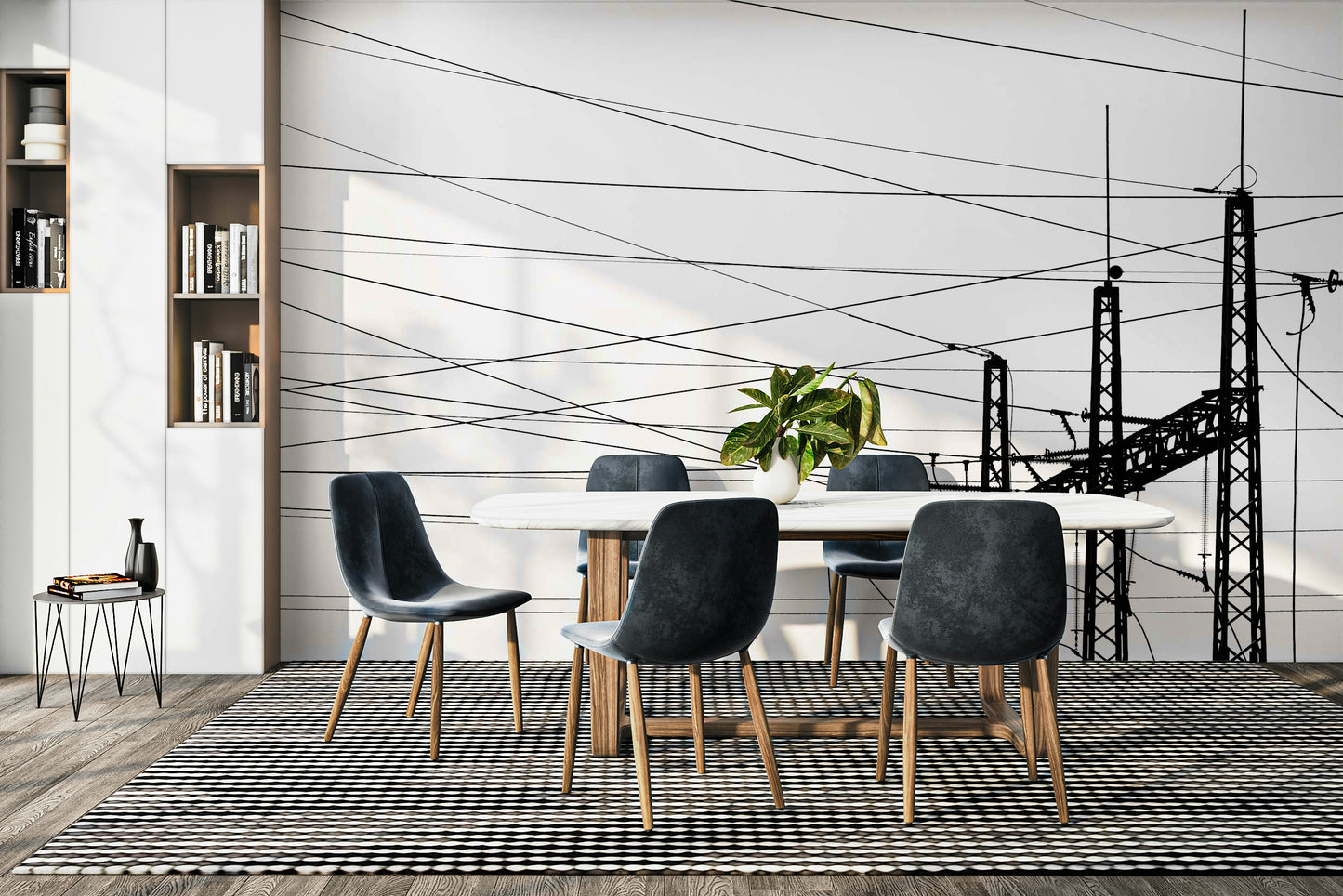 A graceful subtle smoke stack wall mural in cool, gray tones.

