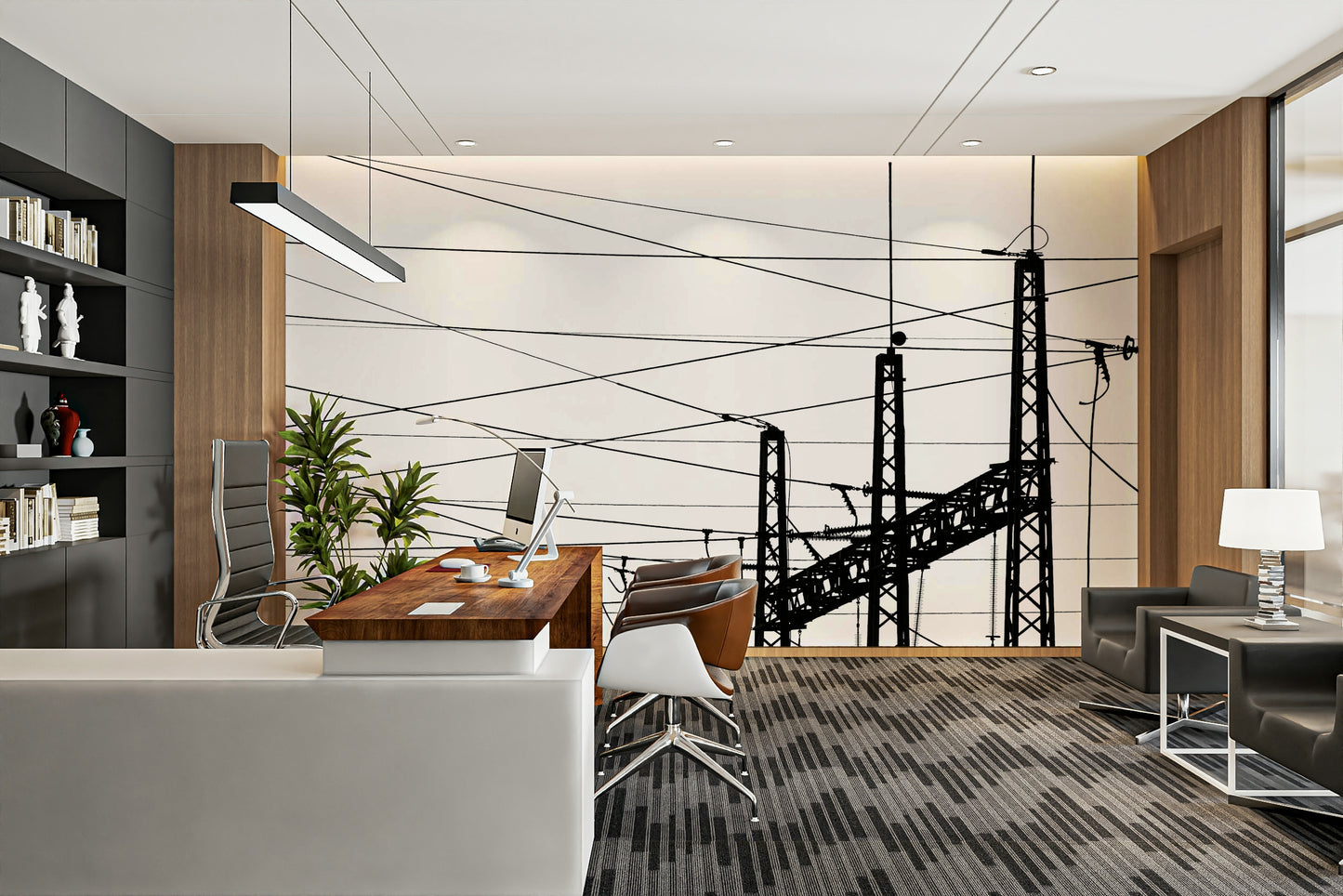 A peaceful concrete structure mural on decorative wallpaper.

