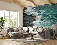 A graceful subtle beach wall mural in cool, natural tones.

