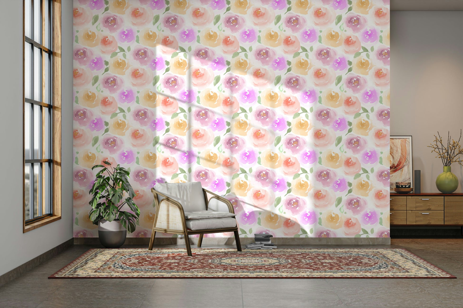 A calming rose design wallpaper mural that defines a space.

