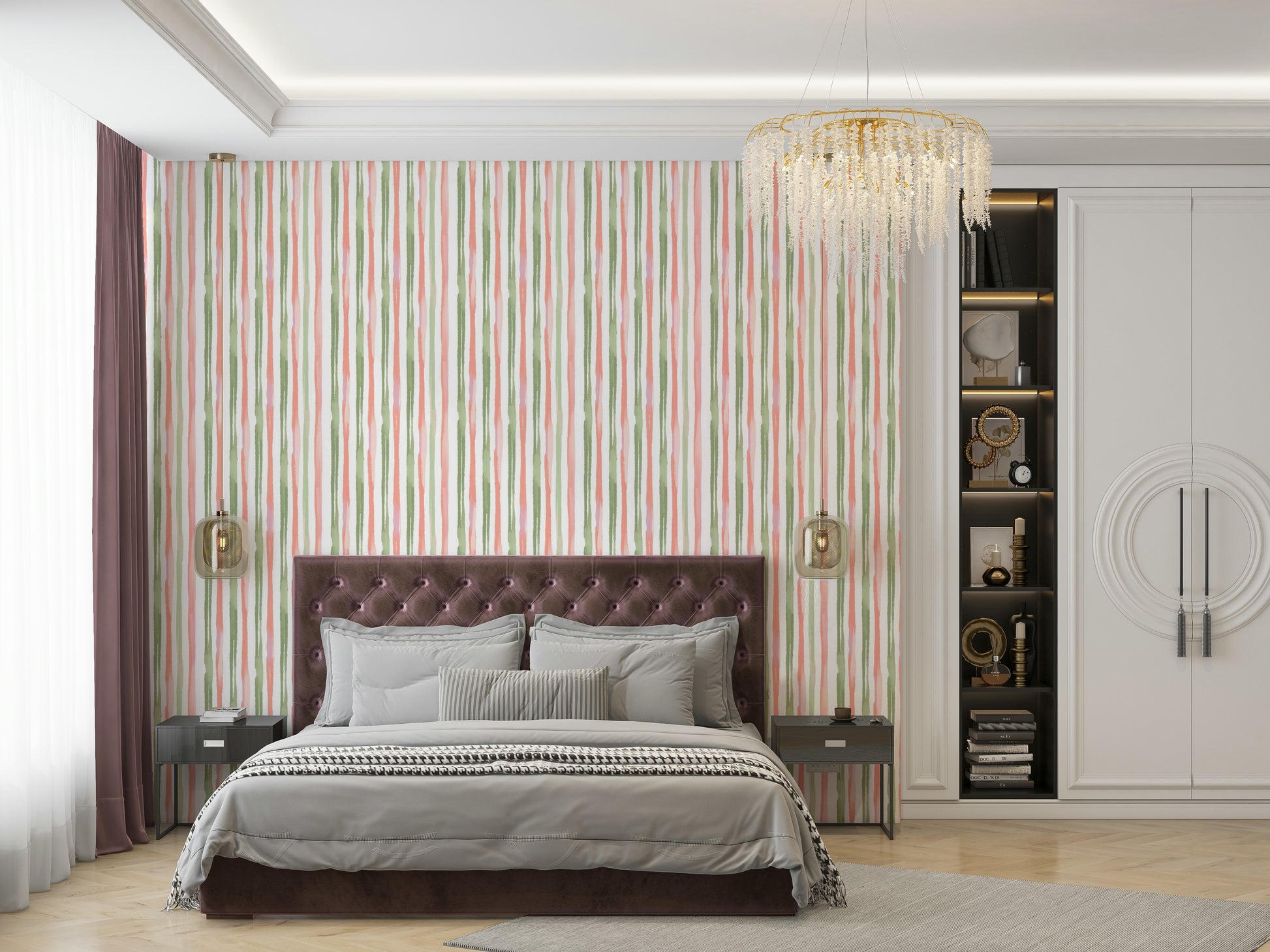 A graceful subtle stripe wall mural in soft, vibrant tones.


