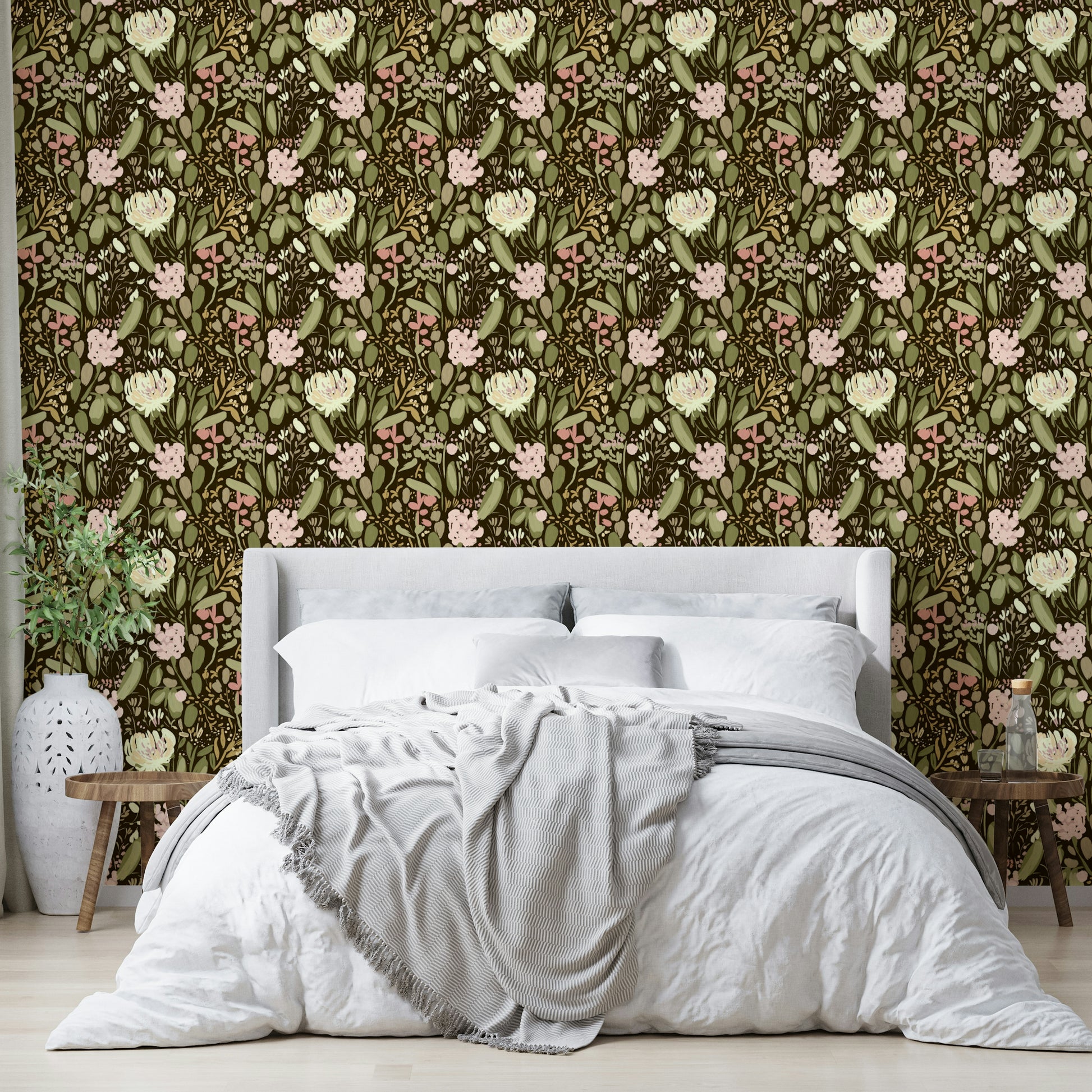 A peaceful flower design mural on decorative wallpaper.

