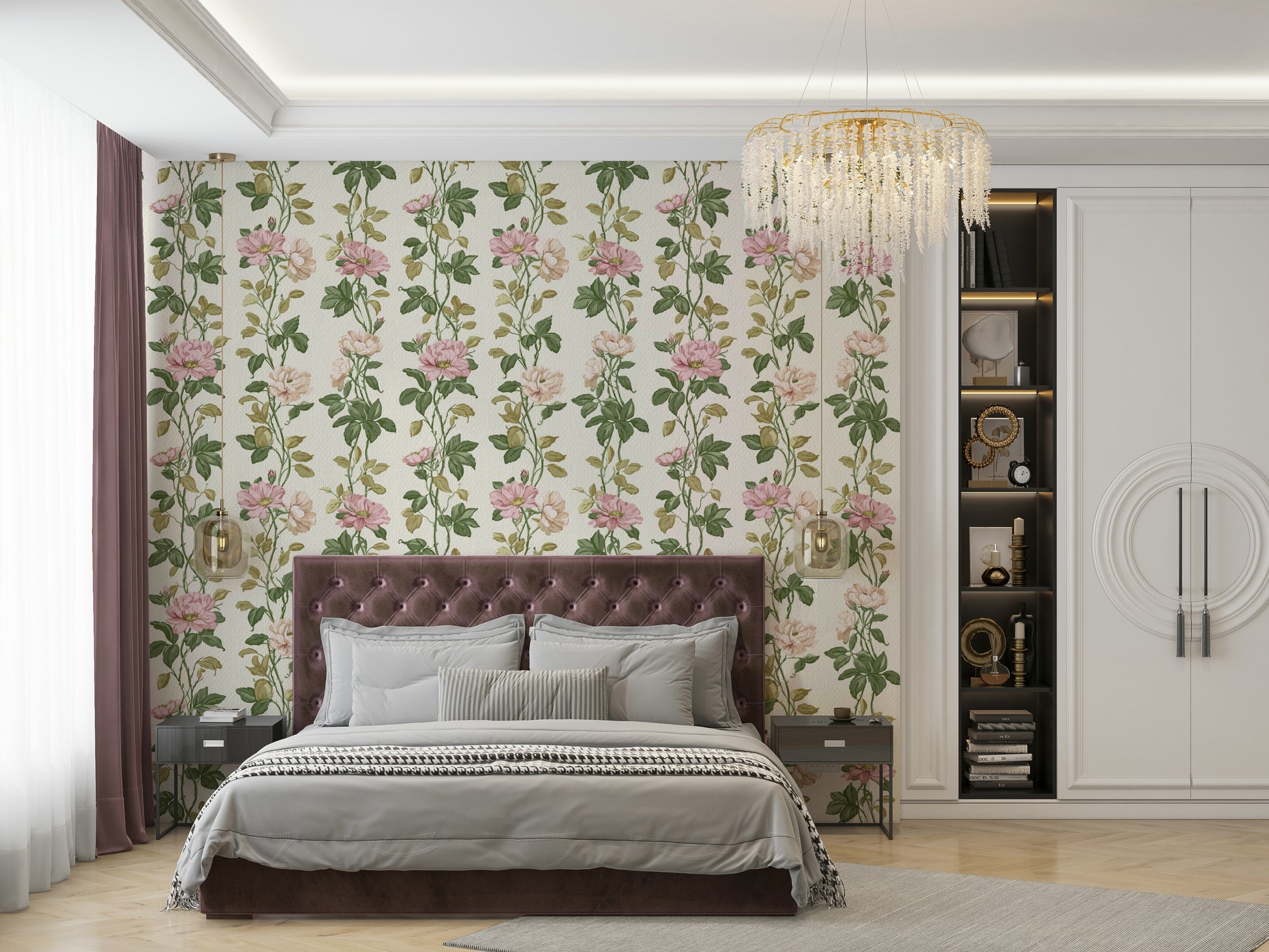 A calming floral design wallpaper mural that defines a space.


