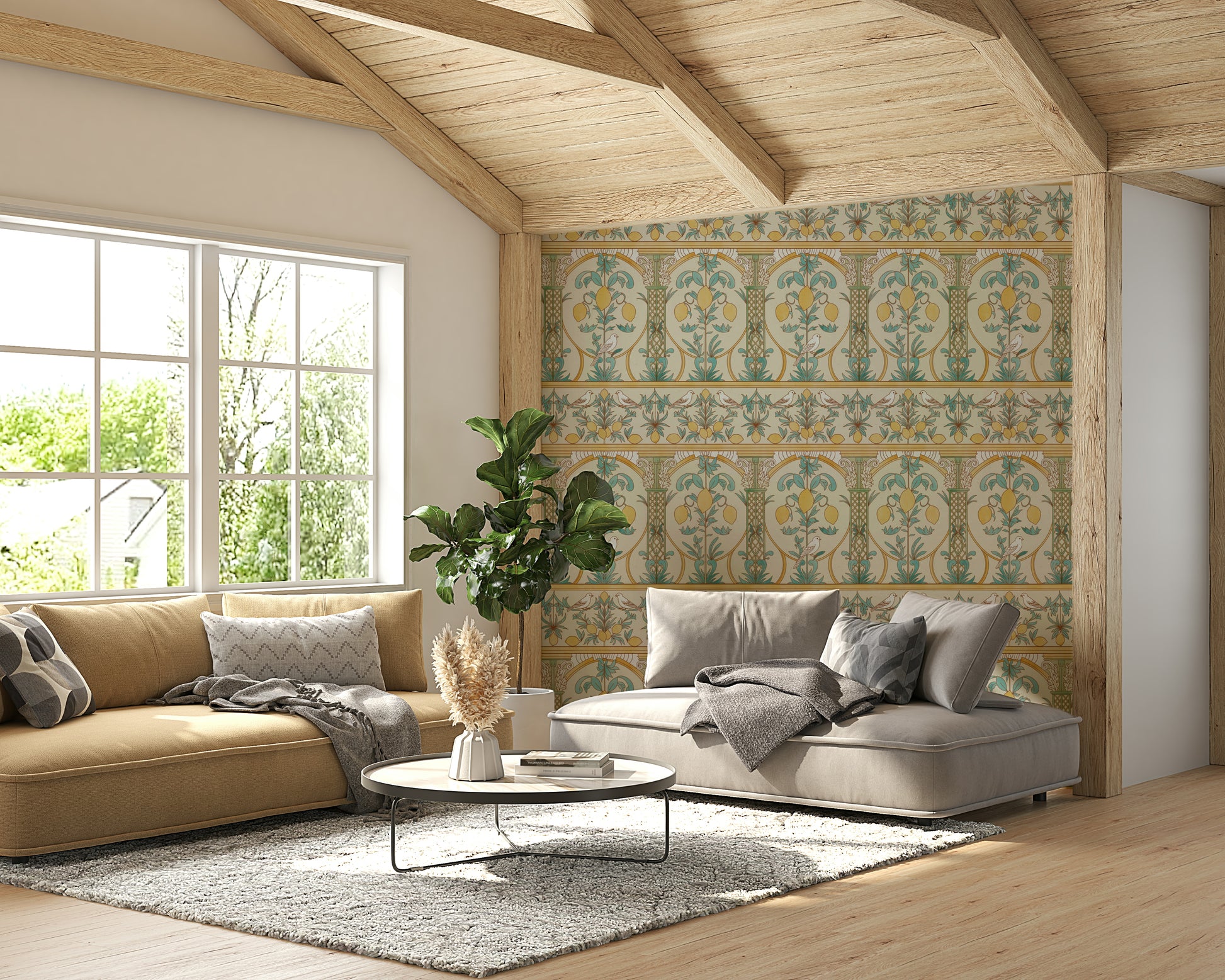 A graceful subtle garden wall mural in bright, sunny tones.

