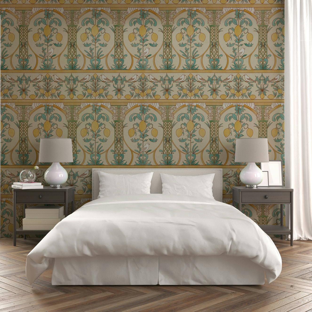 A beautiful lemon garden wallpaper mural for an elegant room.

