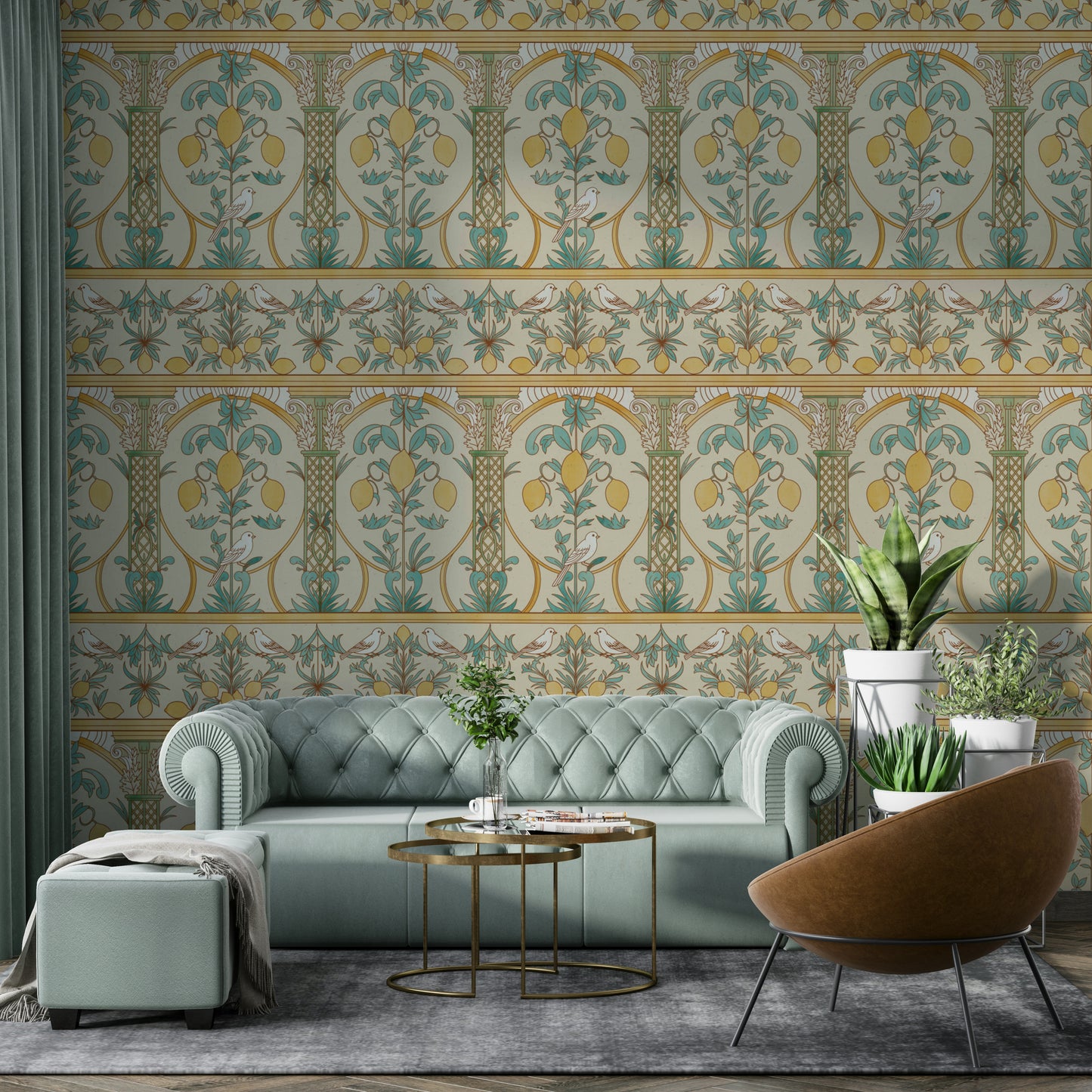 An artistic Mediterranean mural on luxury wallpaper.

