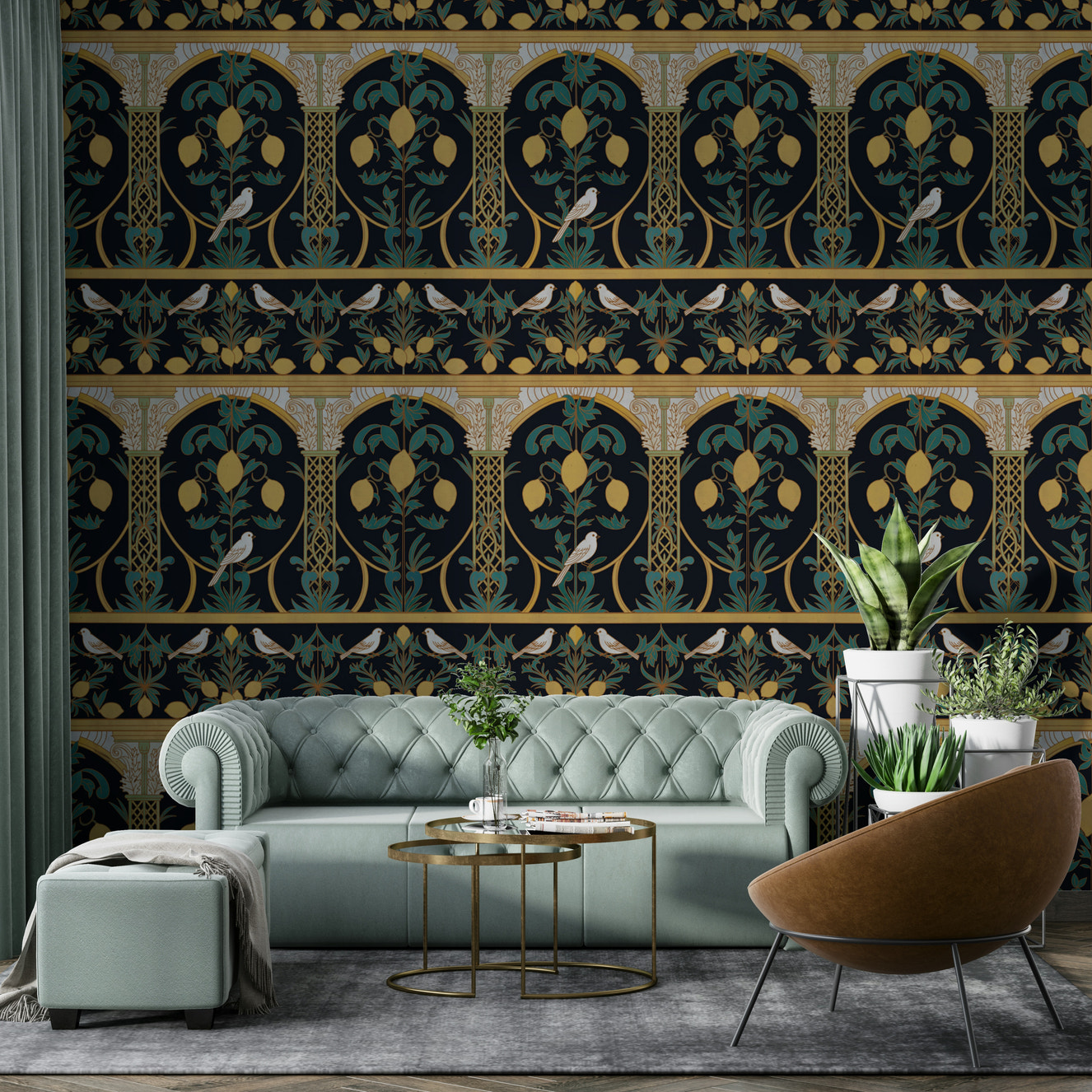 A beautiful Italian lemon wallpaper mural at night.

