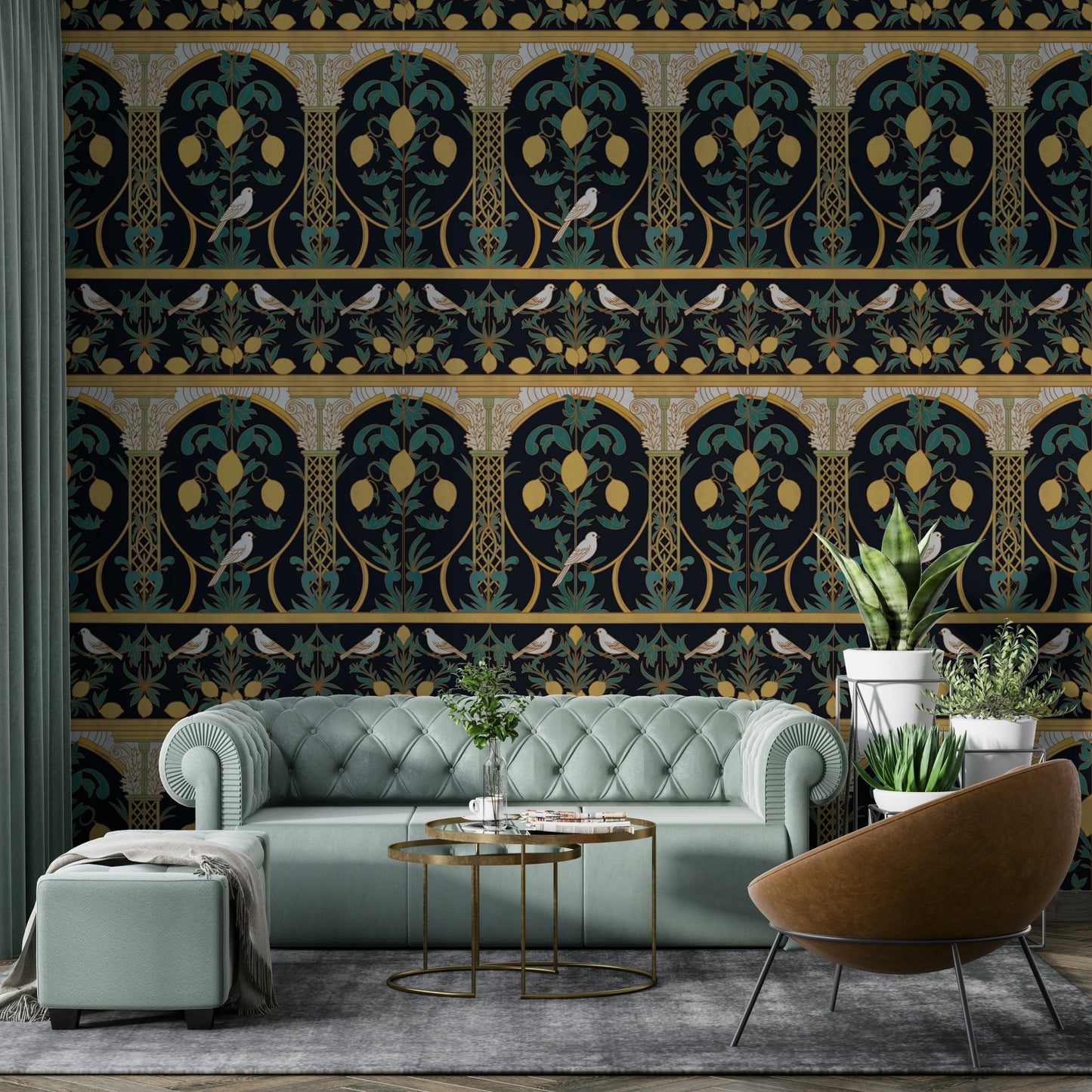 A beautiful Italian lemon wallpaper mural at night.

