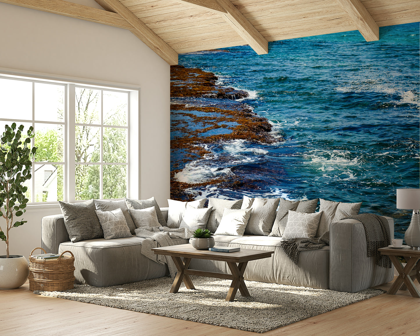 A graceful subtle wave wall mural in cool, natural tones.

