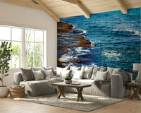 A graceful subtle wave wall mural in cool, natural tones.

