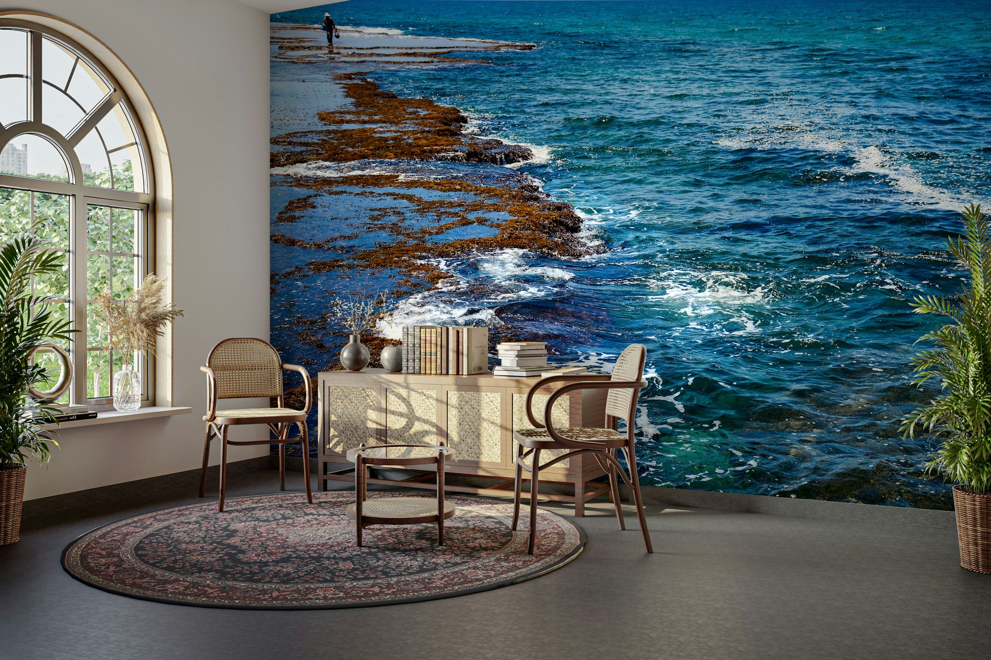 A beautiful wide-angle wall mural of the sea.

