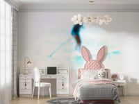 A peaceful coastal scene mural on decorative wallpaper.

