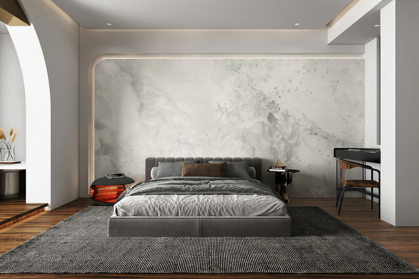 An artistic linked design mural on minimalist wallpaper.

