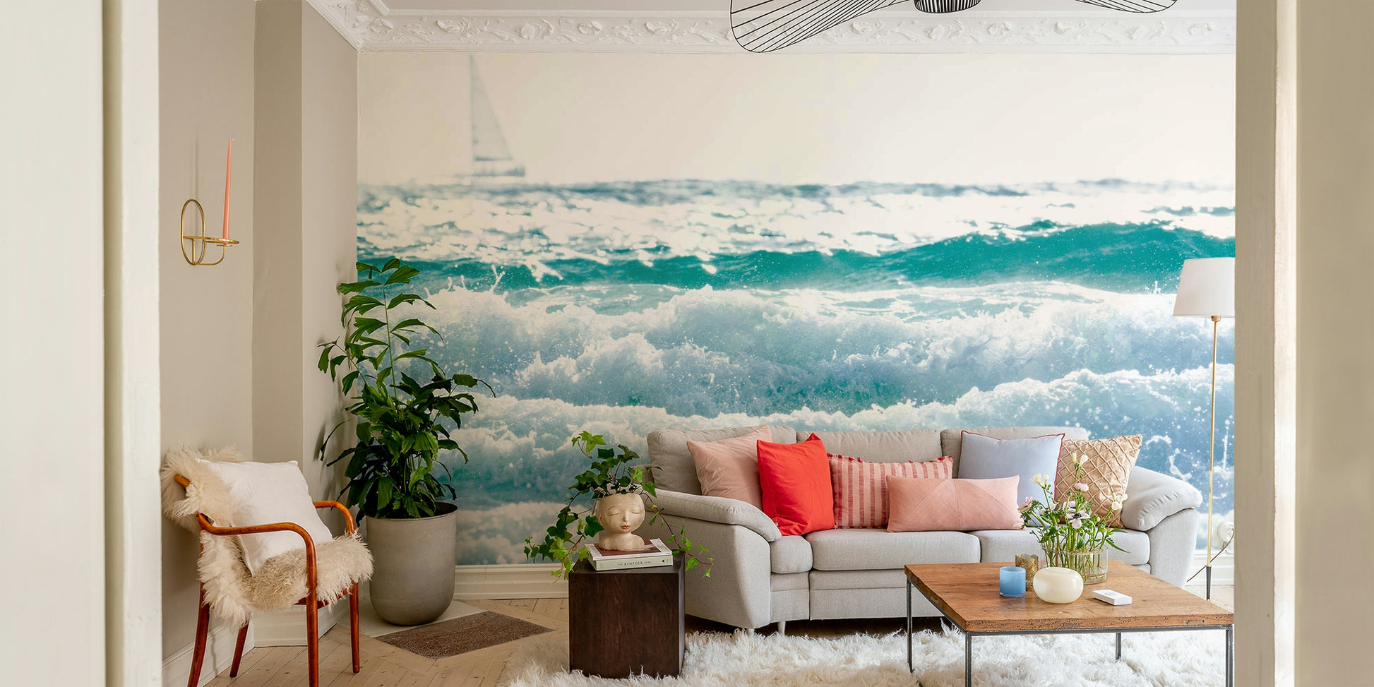 A contemplative monochrome wallpaper mural for a feature wall.

