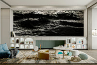 A graceful subtle sailboat wall mural in cool, natural tones.

