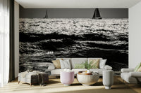 A peaceful coastal view mural on decorative wallpaper.

