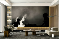 A peaceful gathering scene mural on decorative wallpaper.

