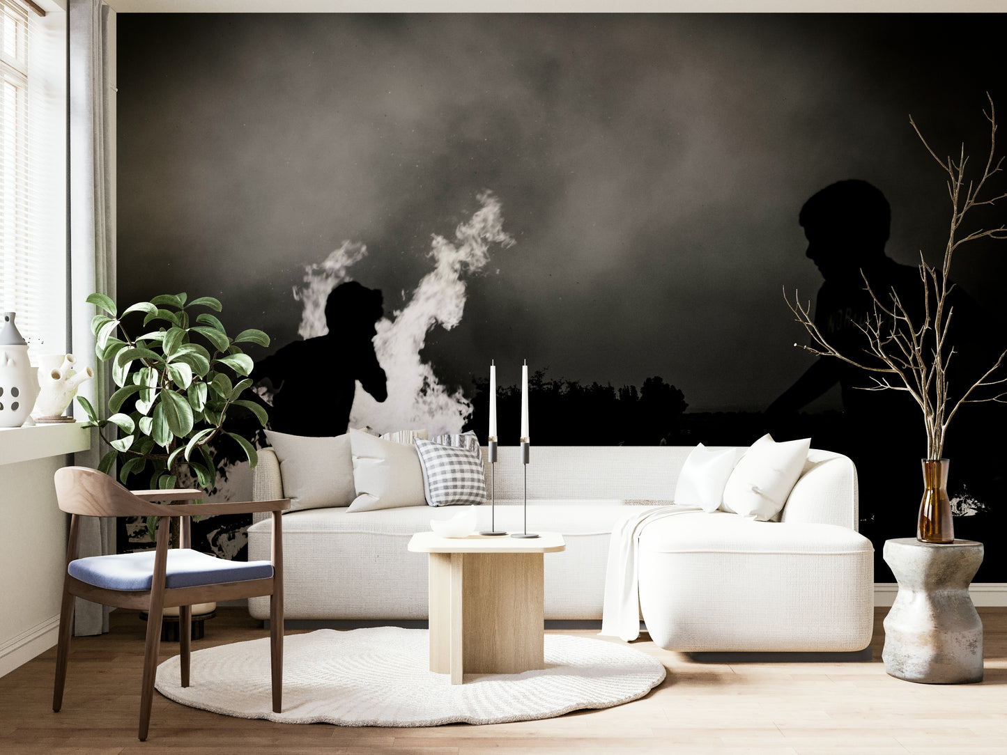 A beautiful desert scene wallpaper mural with subtle firelight.

