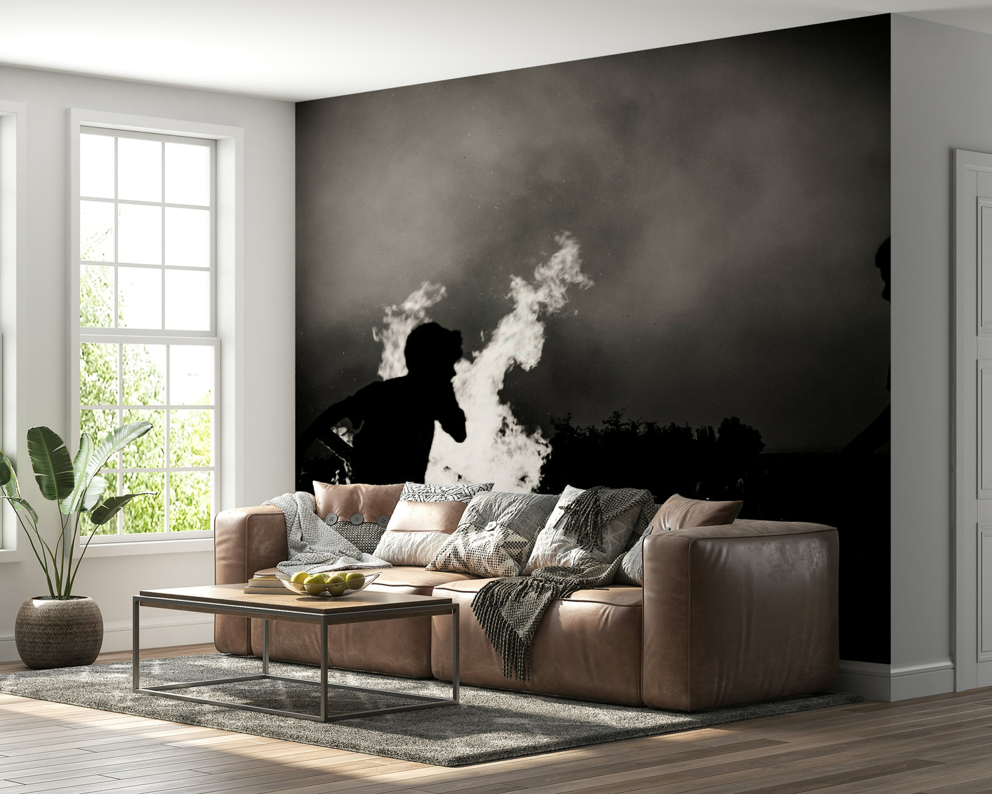 A graceful subtle light wall mural in warm, natural tones.

