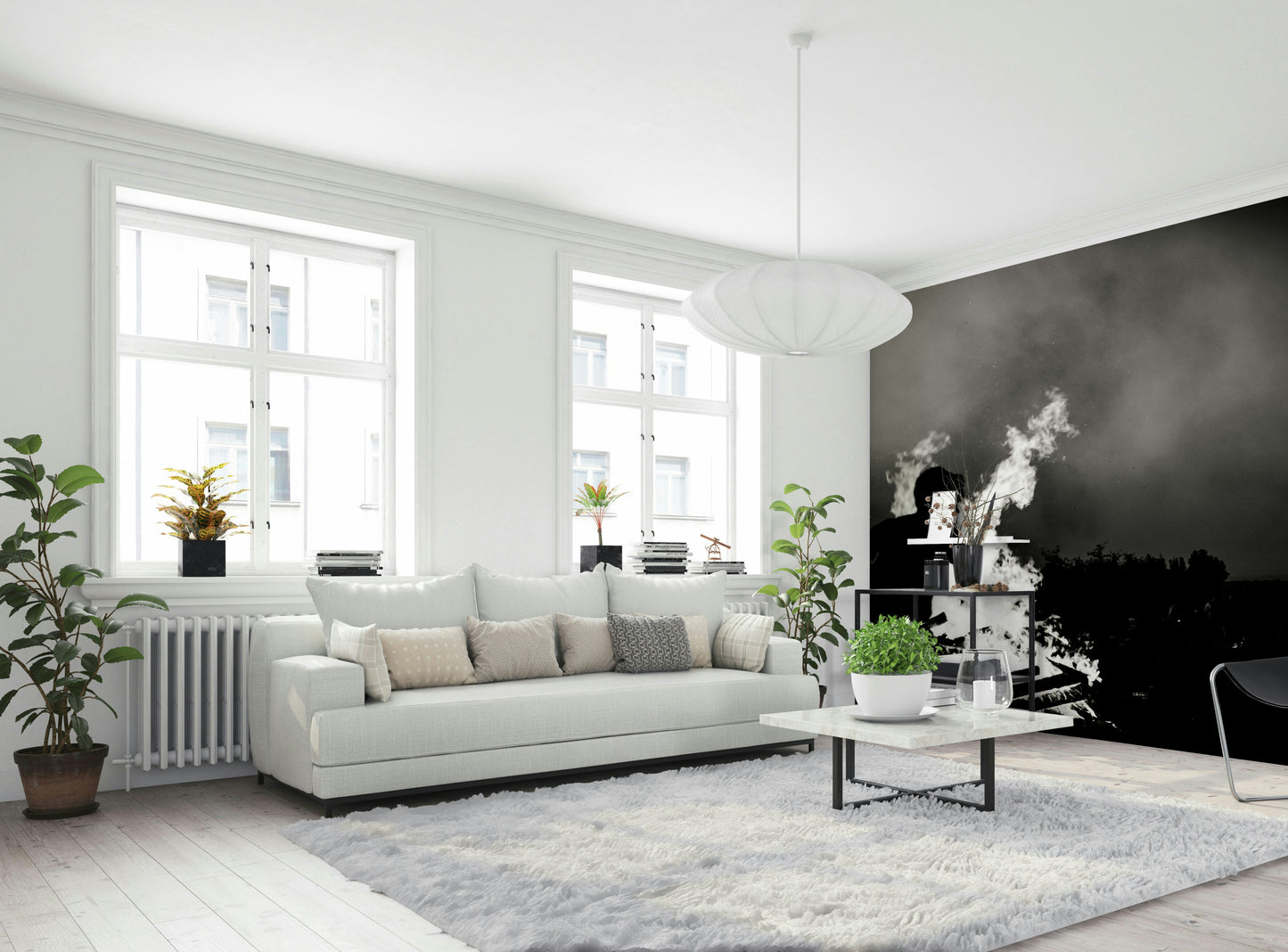 An artistic cultural theme mural on minimalist wallpaper.

