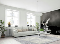 An artistic cultural theme mural on minimalist wallpaper.

