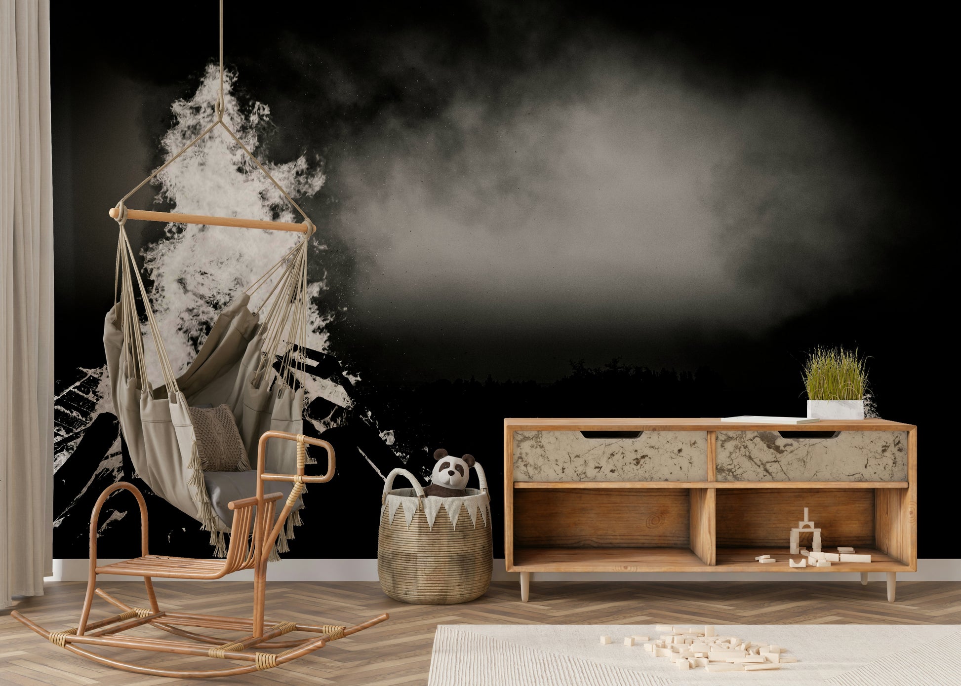 A peaceful celebration scene mural on decorative wallpaper.

