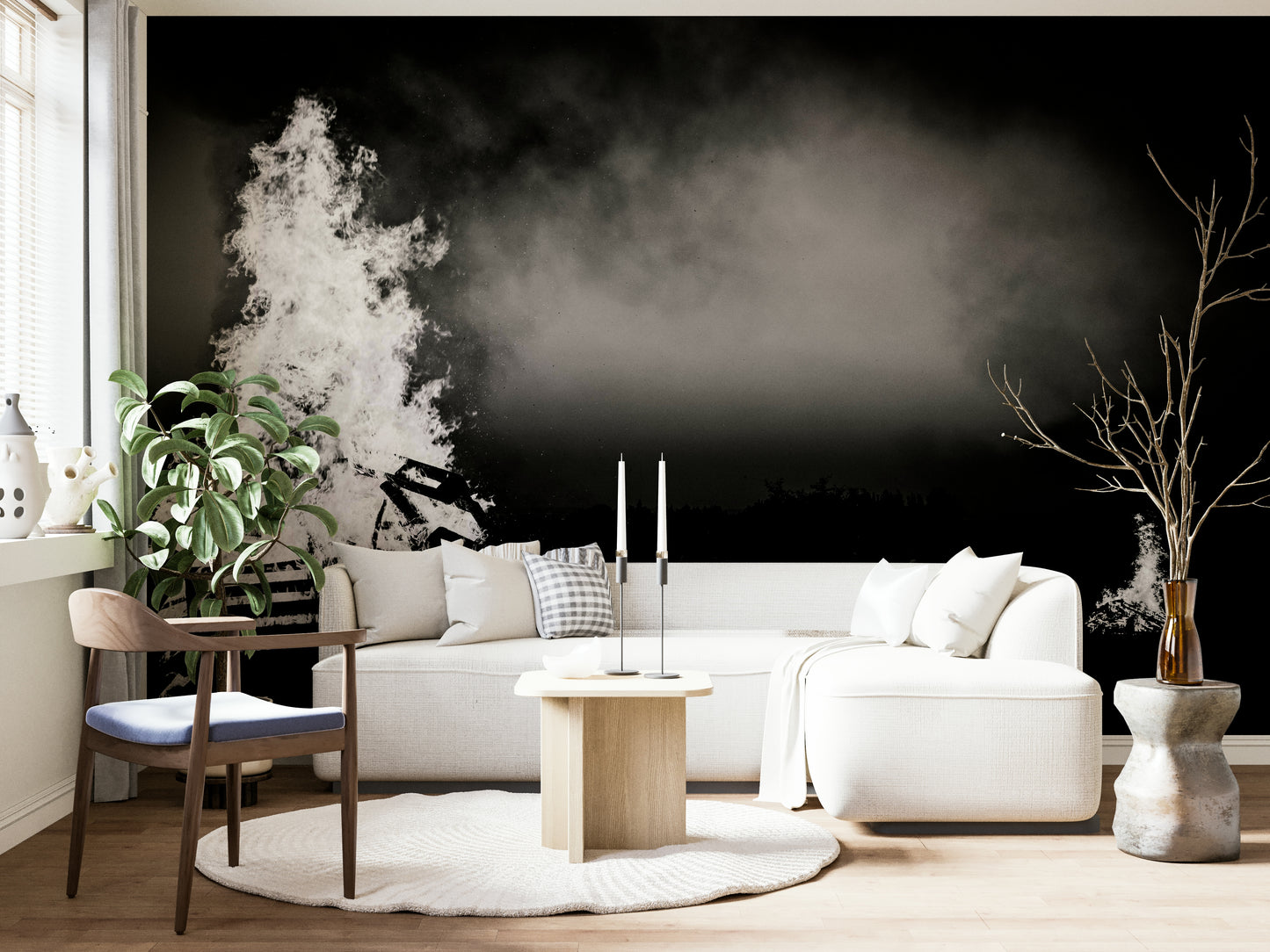 A beautiful night fire wall mural for a living room.

