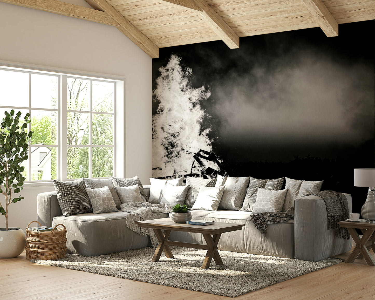 An artistic communal fire mural on solemn wallpaper.

