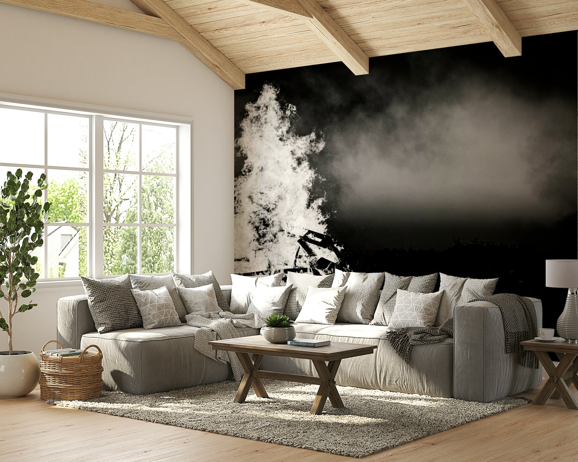 An artistic communal fire mural on solemn wallpaper.

