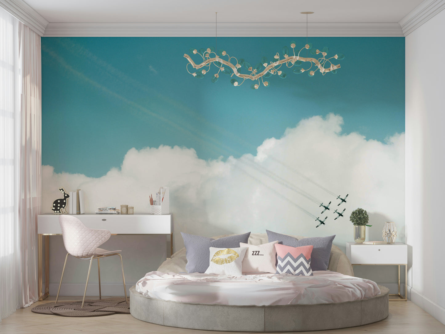 An artistic abstract sky mural on minimalist wallpaper.

