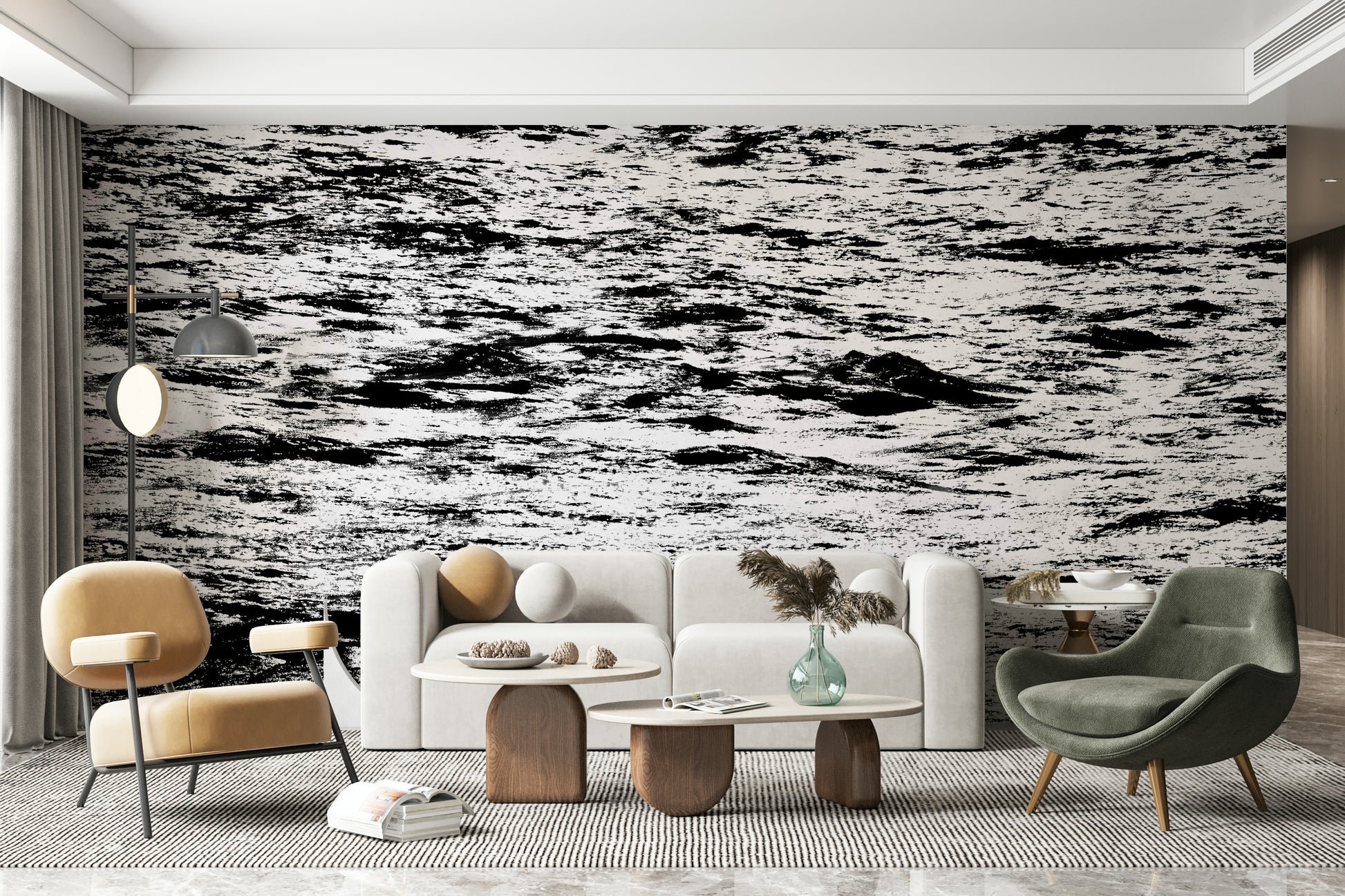 A graceful subtle wave wall mural in cool, natural tones.

