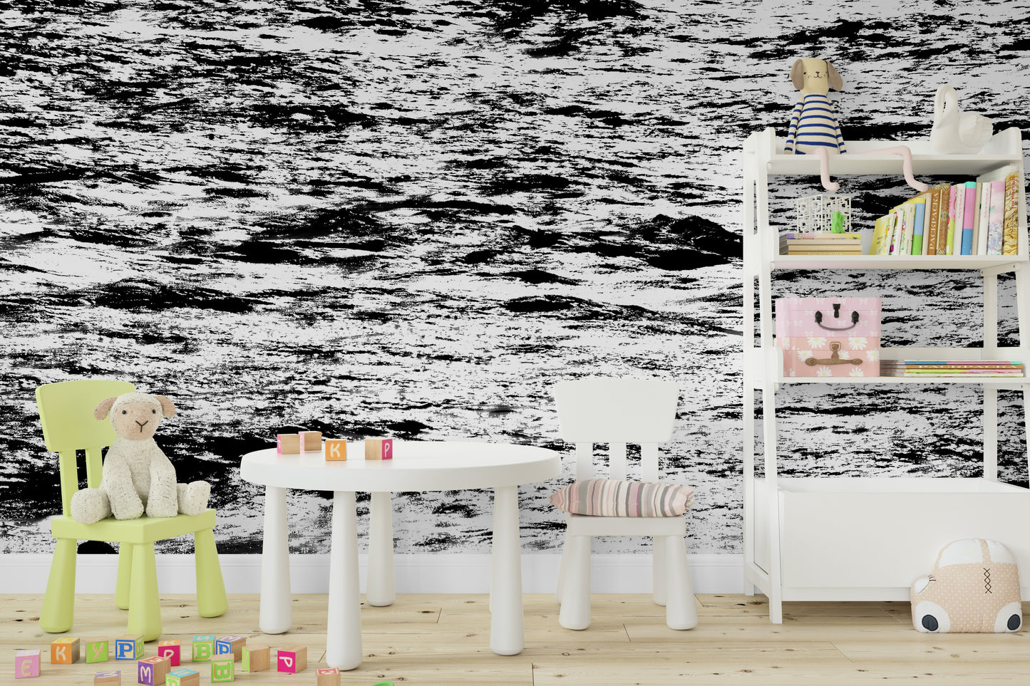 An artistic coastal scene mural on minimalist wallpaper.

