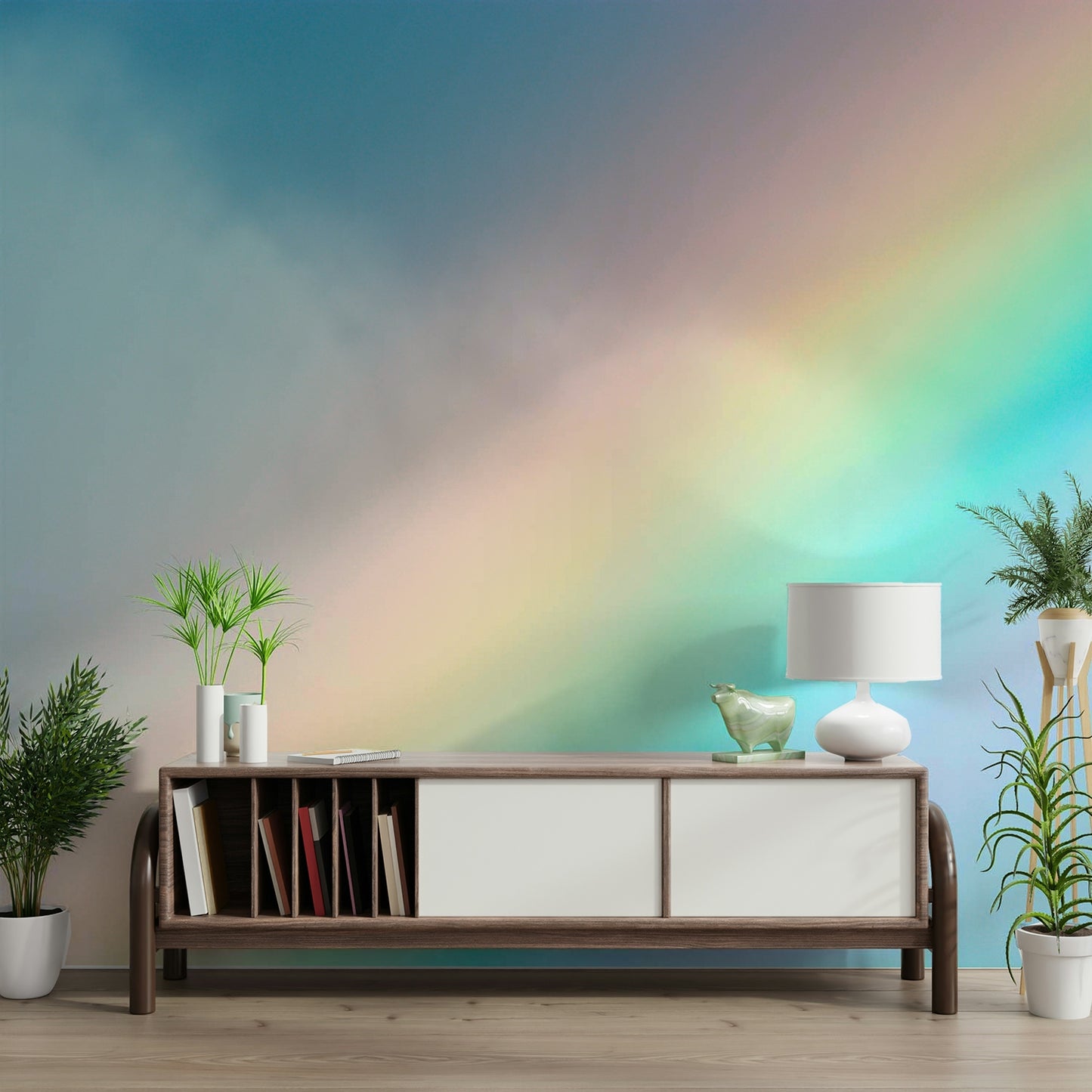 A peaceful color spectrum mural on decorative wallpaper.

