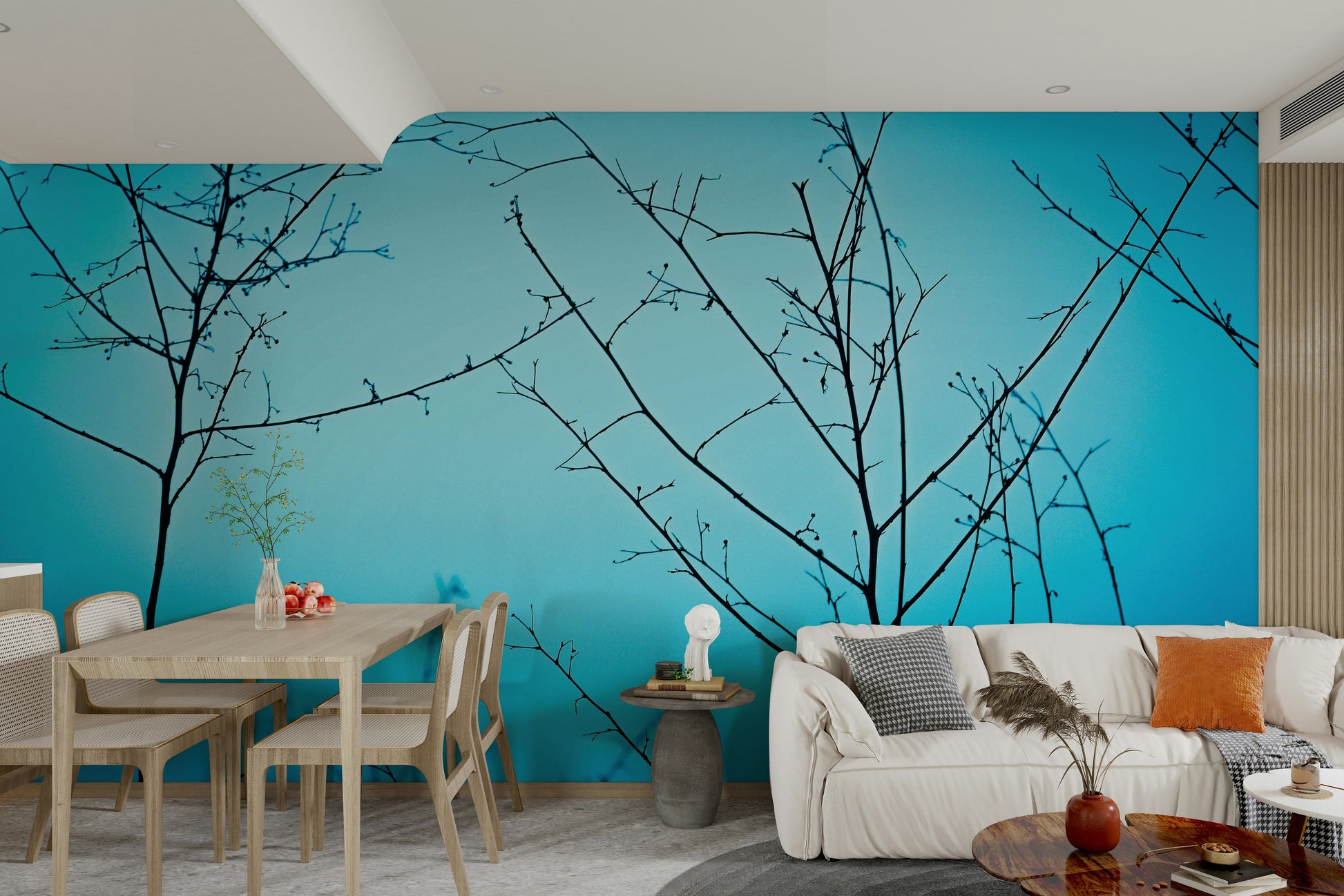A peaceful open field mural on decorative wallpaper.

