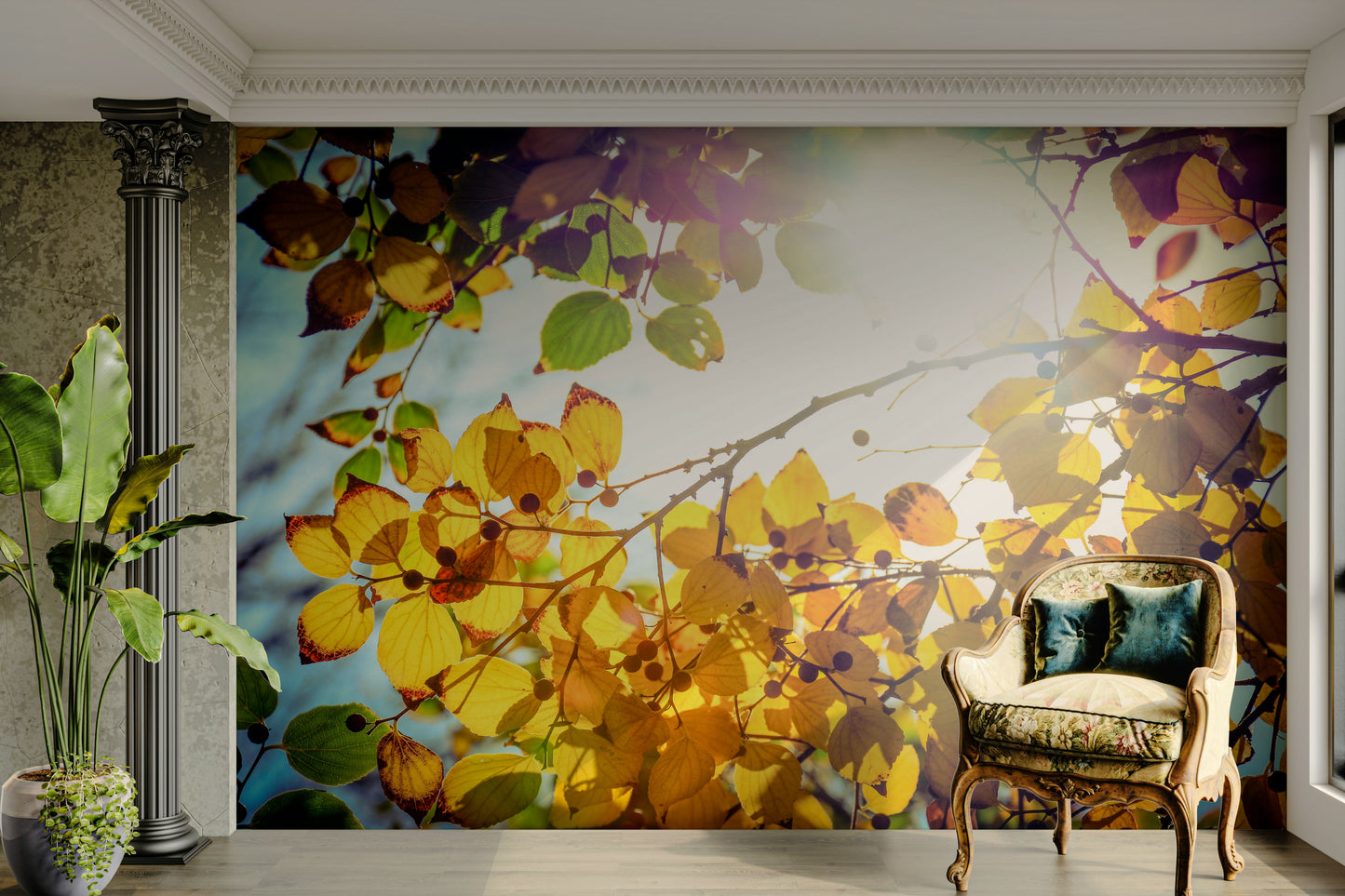 A peaceful winter vista mural on decorative wallpaper.

