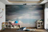 A peaceful natural scene mural on decorative wallpaper.


