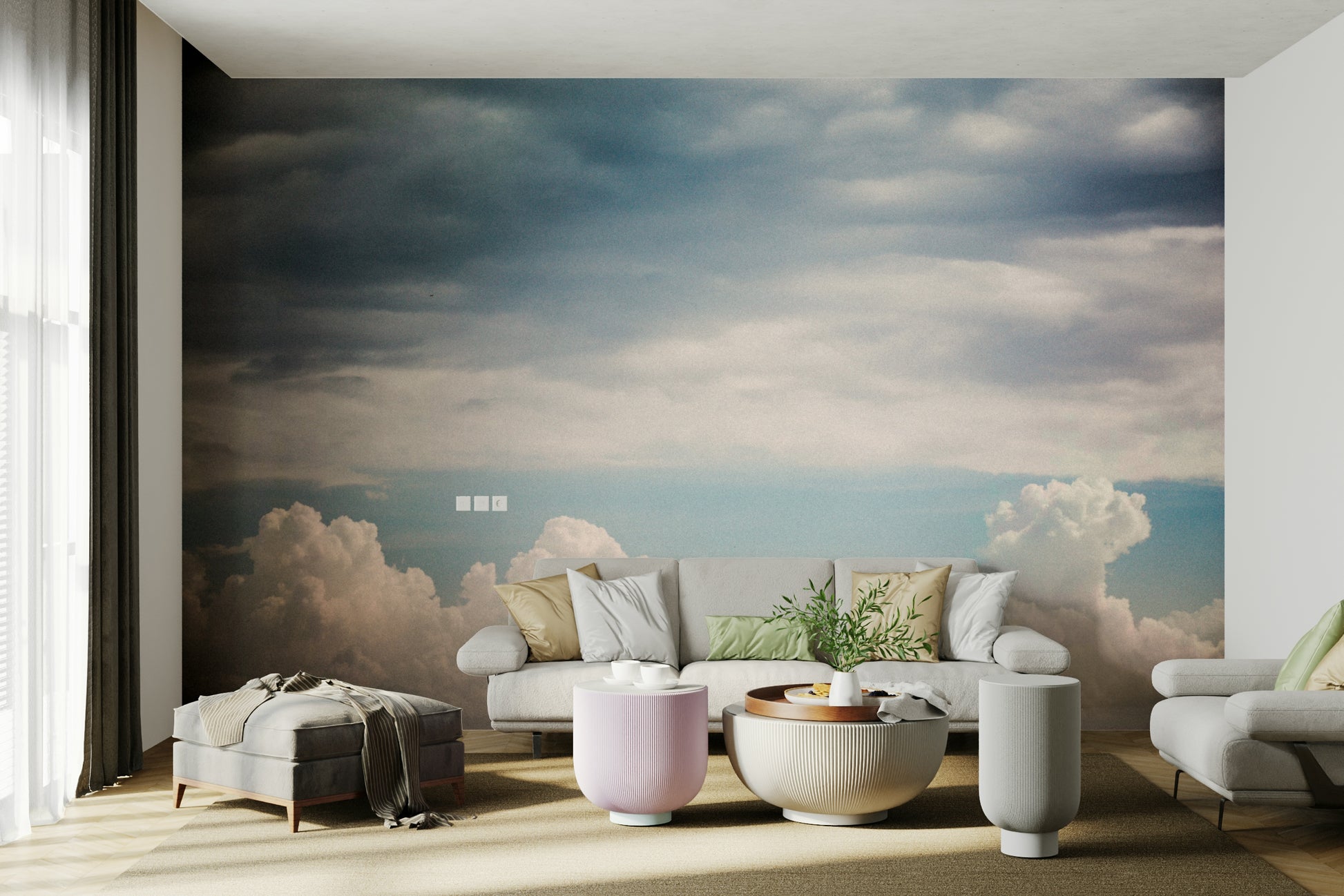 A graceful seasonal cloud wall mural in warm, cozy tones.

