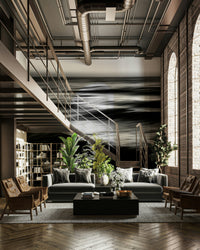 An artistic coastal scene mural on minimalist wallpaper.

