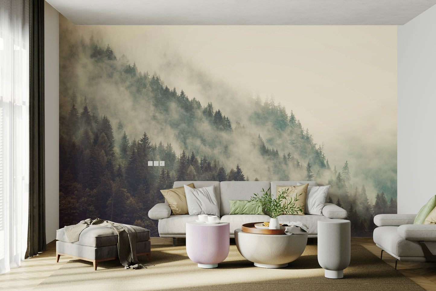 A beautiful wide-angle wall mural of a foggy landscape.

