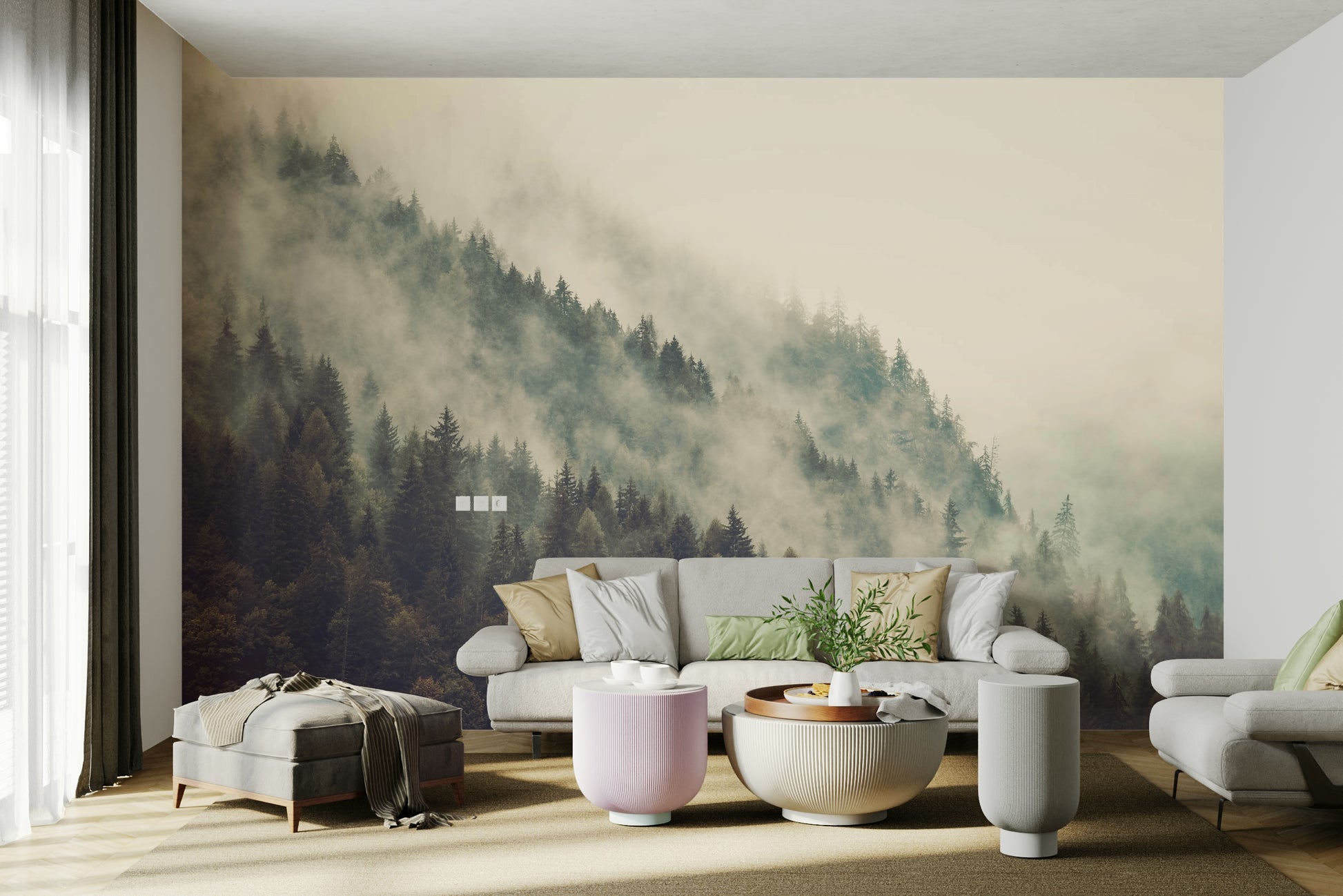 A beautiful wide-angle wall mural of a foggy landscape.

