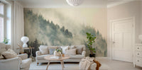 An artistic scenic landscape mural on minimalist wallpaper.

