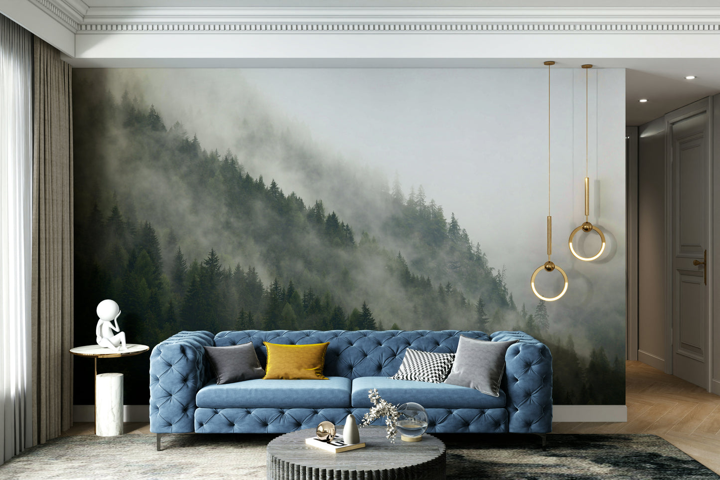 An artistic pine tree mural on minimalist wallpaper.

