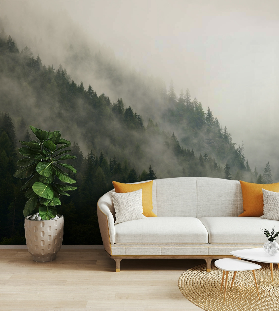 A tranquil misty woods wall mural for your decor.

