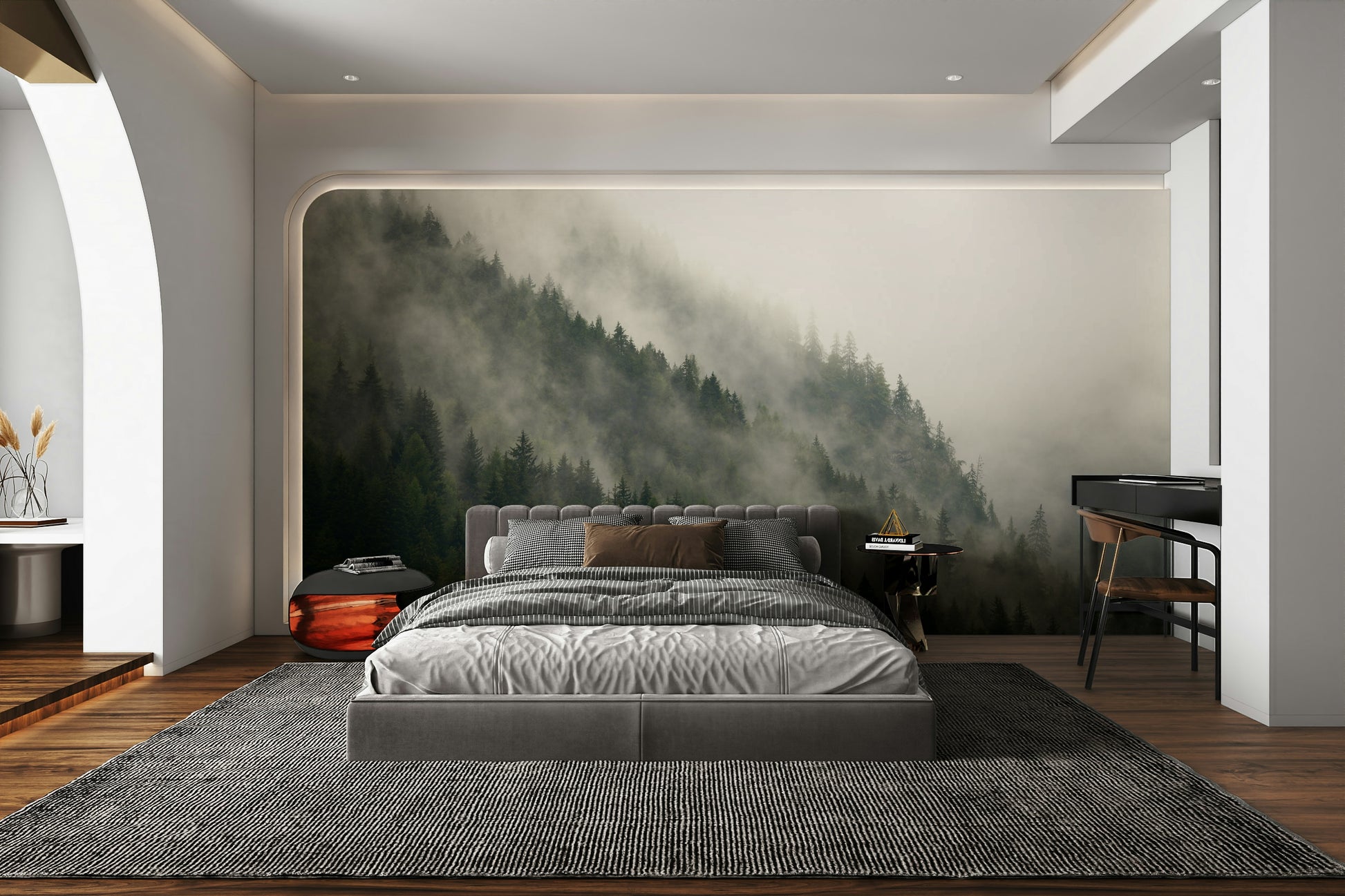 A beautiful wide-angle wall mural of a pine forest.

