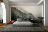 A beautiful wide-angle wall mural of a pine forest.

