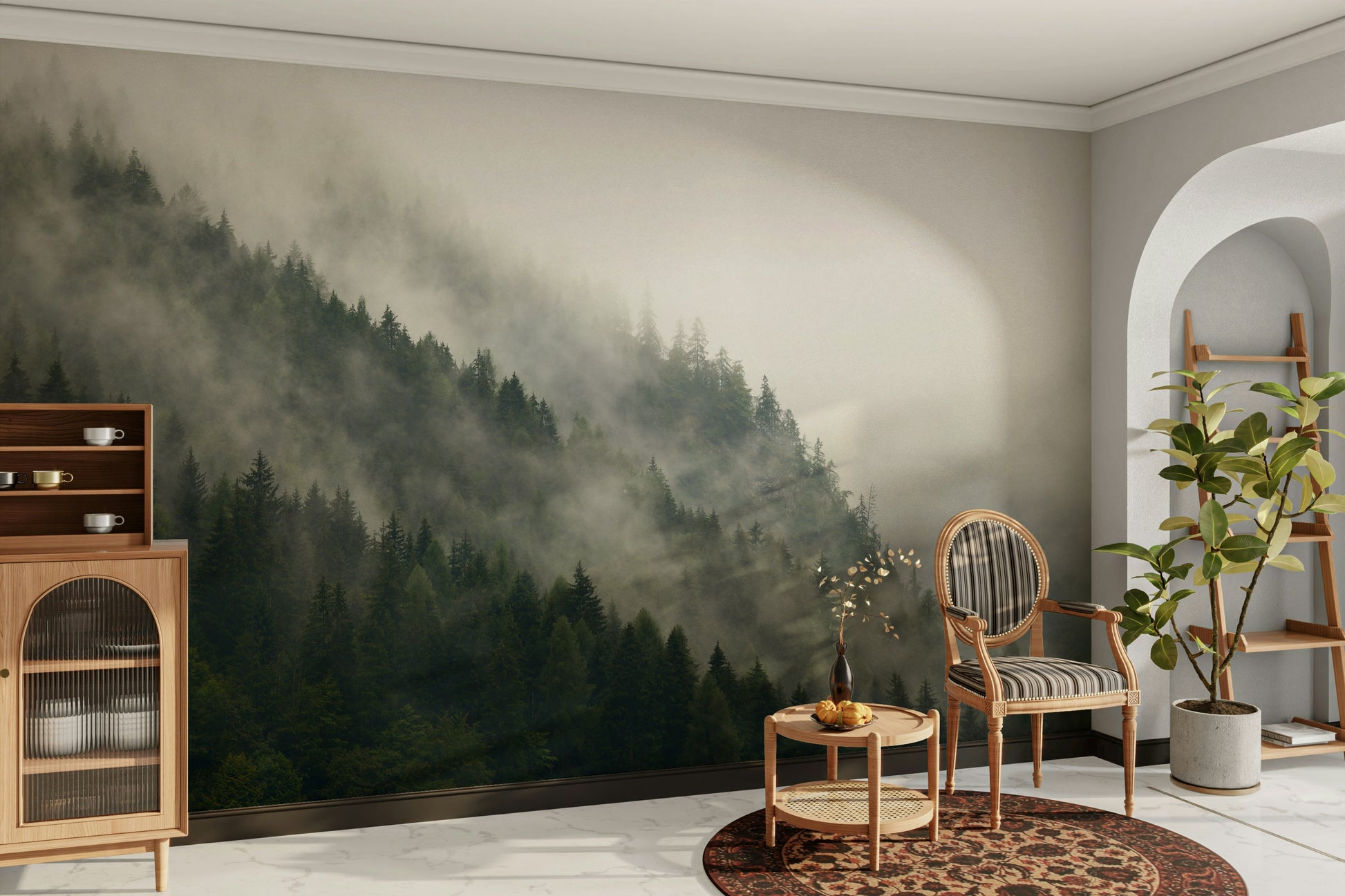A graceful subtle tree wall mural in cool, natural tones.

