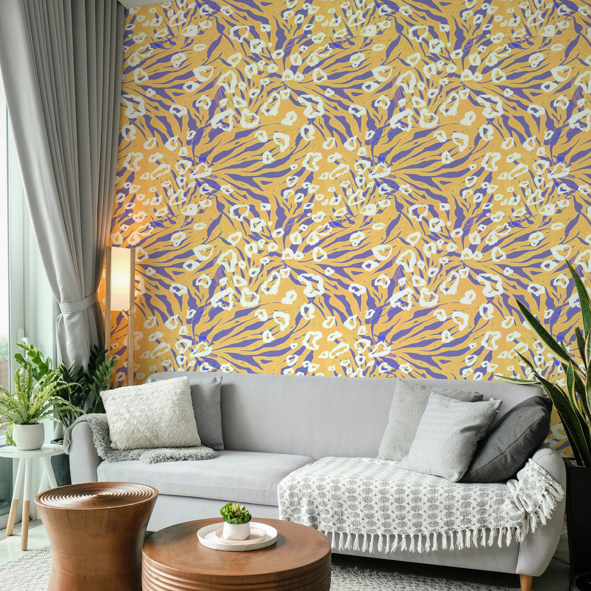 An artistic mixed animal print mural on minimalist wallpaper.

