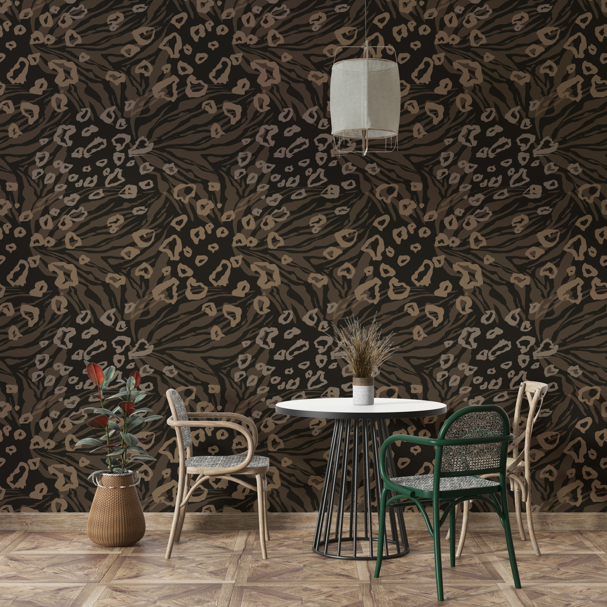 An artistic textured animal mural on minimalist wallpaper.

